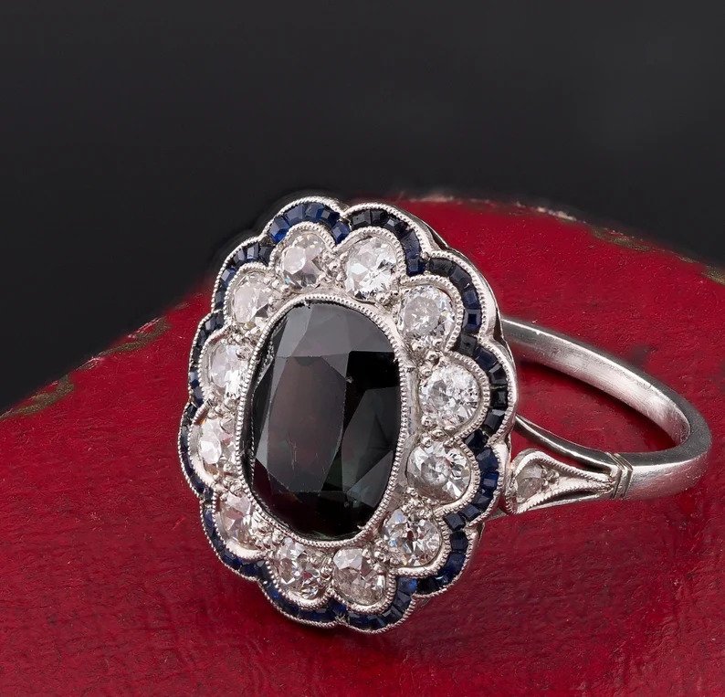 Antique Edwardian French 3ct Natural Sapphire Diamond Platinum Floral Cluster Ring