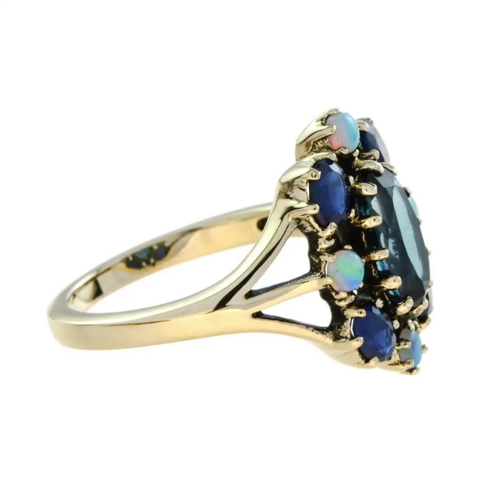 Blue Topaz, Sapphire and Opal Floral Cluster Dress Ring
