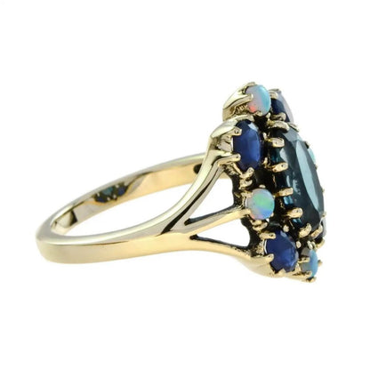 Blue Topaz, Sapphire and Opal Floral Cluster Dress Ring