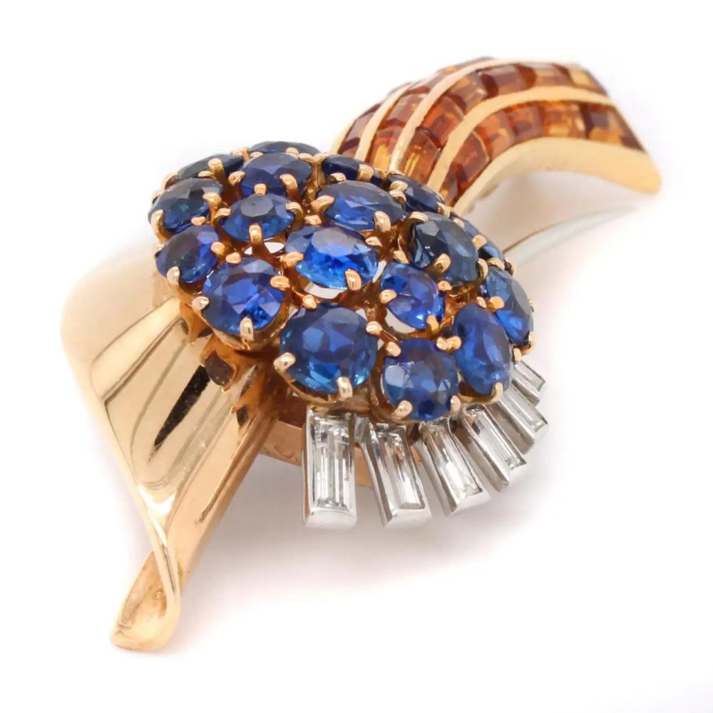 Vintage Retro 1940s Sapphire Citrine and Diamond Comet Spray Brooch by Sasportas