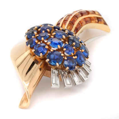 Vintage Retro 1940s Sapphire Citrine and Diamond Comet Spray Brooch by Sasportas