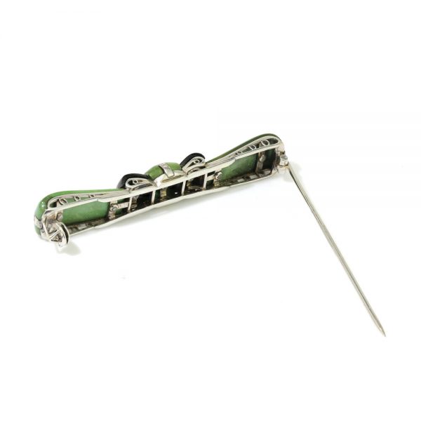 Art Deco Jadeite, Onyx and Old Cut Diamond Bow Brooch in Platinum