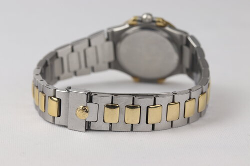 Patek Philippe Ladies 4700 Nautilus 27mm Steel and Gold Quartz Watch, golden face, date aperture at 3 o'clock, Steel and gold bracelet