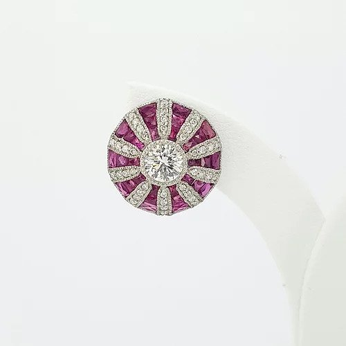 Ruby diamond and platinum cluster target stud earrings