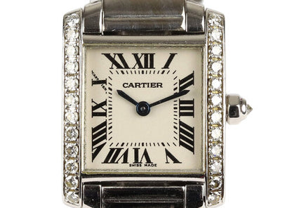 Cartier Tank Francaise 18ct Gold and Diamond 20mm Ladies Quartz Watch, Ref 2403, white dial, Roman numerals, blue steel hands, factory set diamond set crown and bezel, Cartier 18ct white gold bracelet with a hidden double deployment clasp.