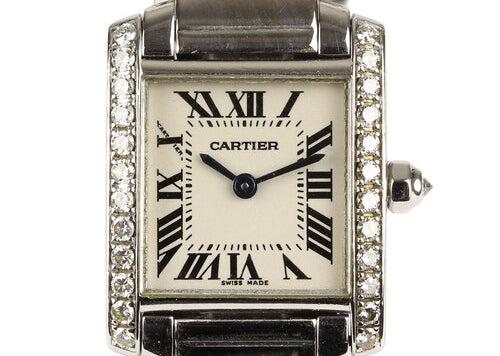 Cartier Tank Francaise 18ct Gold and Diamond 20mm Ladies Quartz Watch, Ref 2403, white dial, Roman numerals, blue steel hands, factory set diamond set crown and bezel, Cartier 18ct white gold bracelet with a hidden double deployment clasp.