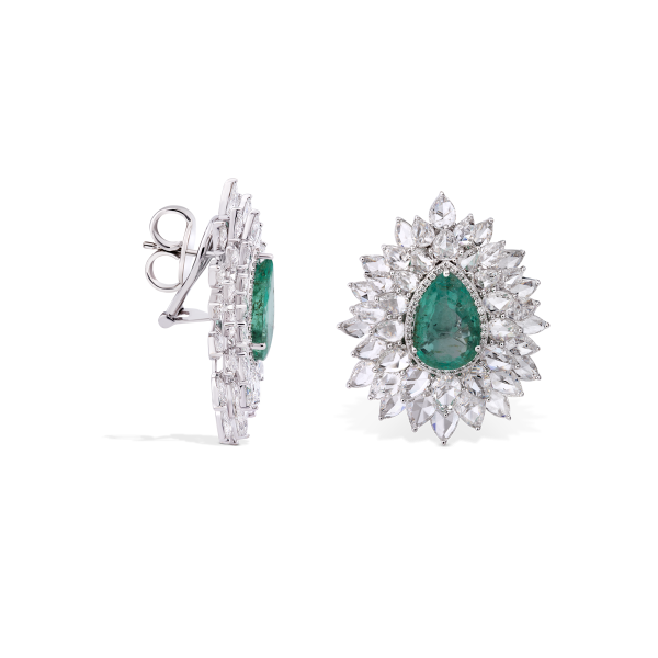 Pear-Shaped Old Cut Emerald and Diamond Floral Cluster Earrings, 22.07 carat total, 18ct White Gold. Emerald total 8.88cts. Total diamond weight 13.19cts.