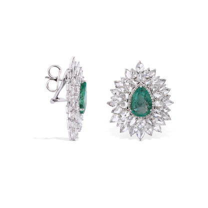 Pear-Shaped Old Cut Emerald and Diamond Floral Cluster Earrings, 22.07 carat total, 18ct White Gold. Emerald total 8.88cts. Total diamond weight 13.19cts.