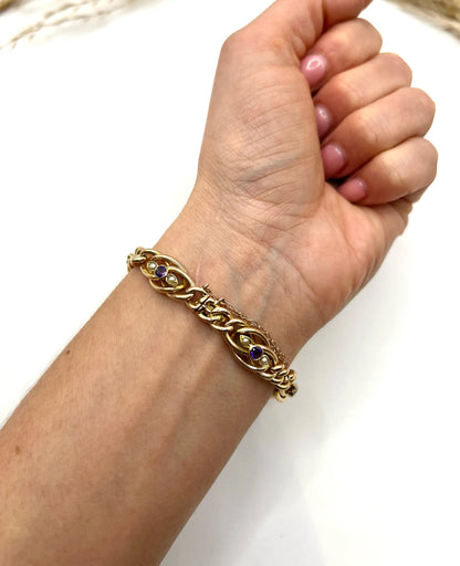 Edwardian Antique Amethyst Peridot and Pearl Suffragette Curb Link Bracelet in 15ct Gold