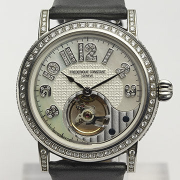 Frederique Constant Heart Beats Diamonds Limited Edition 40mm Stainless Steel Automatic Watch; 287 VS clarity diamonds set in the case, bezel and Arabic numerals, 2.70 carat total, white and mother of pearl dial, Frederique Constant grey satin/leather strap with buckle, comes with box and papers