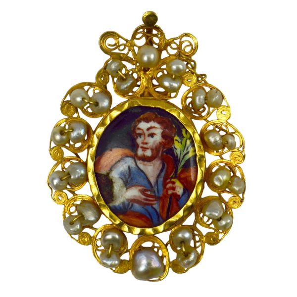 Antique Devotional Saint Joseph Yellow Gold Pearl Enamel Pendant; depicting Saint Joseph in painted enamel with lily to reverse, surrounded by curled high carat yellow gold set with 26 drilled natural pearls, Circa 17th century