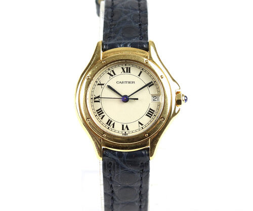 Cartier Cougar 18ct Yellow Gold 26mm Ladies, Small Model, Ref887921, off white dial, Roman numerals, date aperture at 3, blue steel hands, blue cabochon gem set crown, quartz movement, black leather strap
