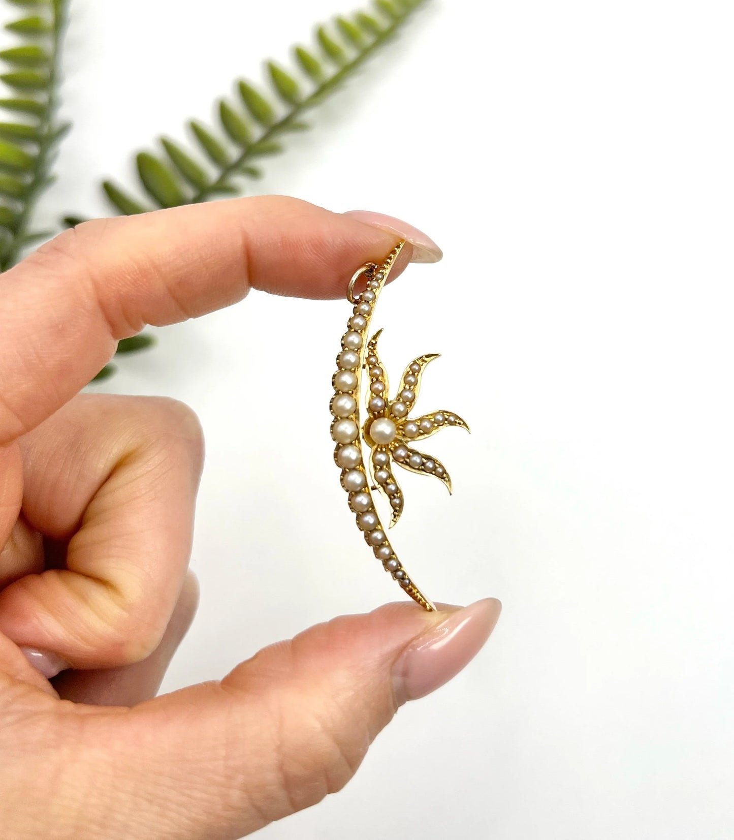Antique 15 Carat Yellow Gold Seed Pearl Sunburst Crescent Moon Pendant, Circa 1900