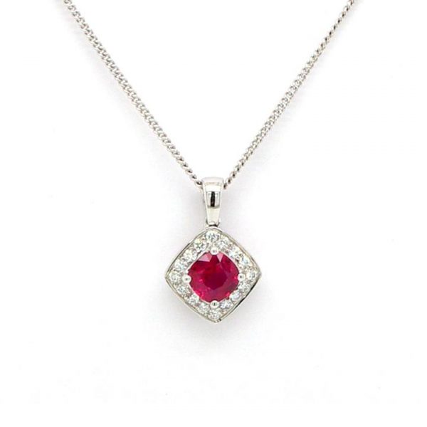 Diamond Shaped Ruby and Diamond Cluster Pendant; 0.60ct ruby with 0.14cts brilliant cut diamond surround, diamond shaped 18ct white gold mount