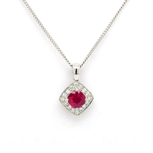 Diamond Shaped Ruby and Diamond Cluster Pendant; 0.60ct ruby with 0.14cts brilliant cut diamond surround, diamond shaped 18ct white gold mount
