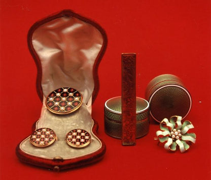 Antique Victorian Natural Pearl and Enamel Ladies Dress Set; 18ct yellow gold brooch and cufflinks, checkerboard design, natural pearls and black, red and white enamel, Signed, Circa 1860