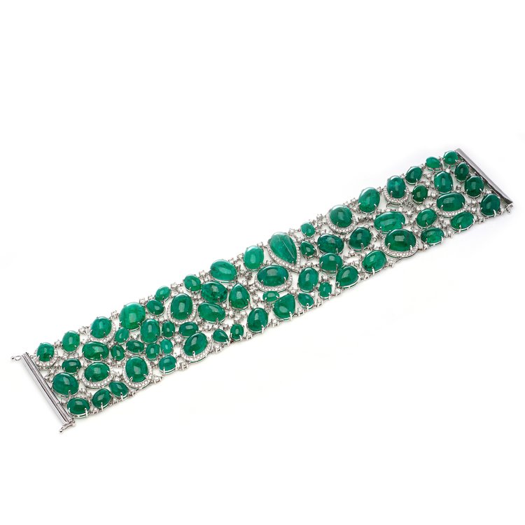 Fine Cabochon Emerald and Diamond Bracelet, 135 carats