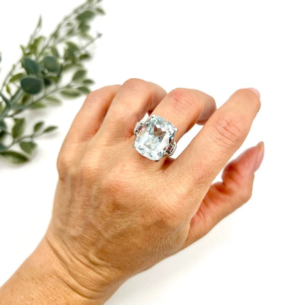 Vintage Cushion Cut Aquamarine Cocktail Ring with Ruby Shoulders in Platinum