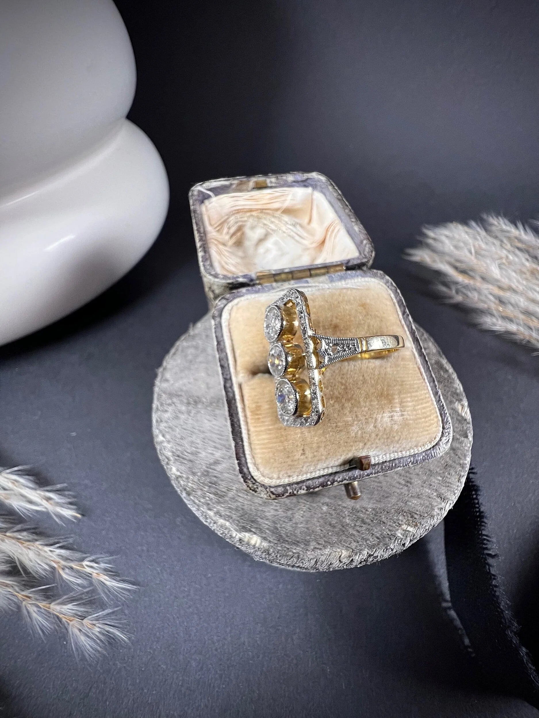 Antique 18 Carat Gold And Platinum Edwardian Rectangular Diamond Ring