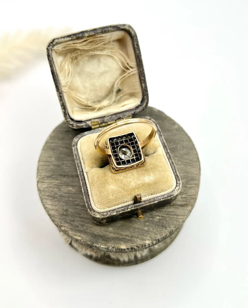 Edwardian Antique Sapphire and Diamond Square Cluster Target Ring