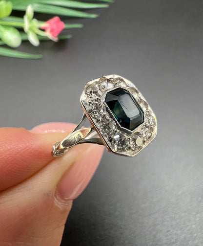 Art Deco Sapphire and Diamond Octagonal Shaped Cluster Engagement Ring 18ct gold and Platinum