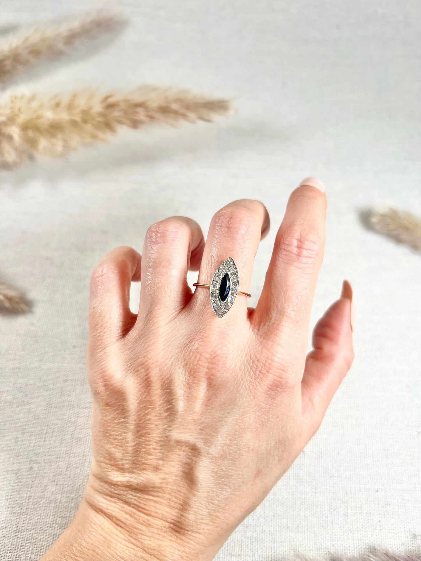 Edwardian 18 Carat Gold and Platinum Sapphire Diamond Marquise/Navette Ring