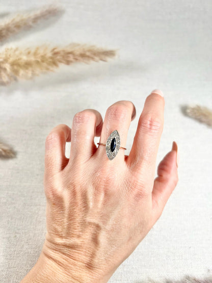 Edwardian 18 Carat Gold and Platinum Sapphire Diamond Marquise/Navette Ring