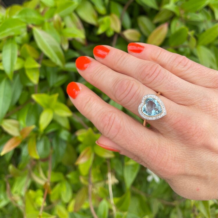 Edwardian Antique 6ct Aquamarine and Diamond Heart Cluster Ring in 18ct Yellow Gold