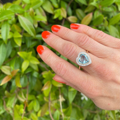 Edwardian Antique 6ct Aquamarine and Diamond Heart Cluster Ring in 18ct Yellow Gold