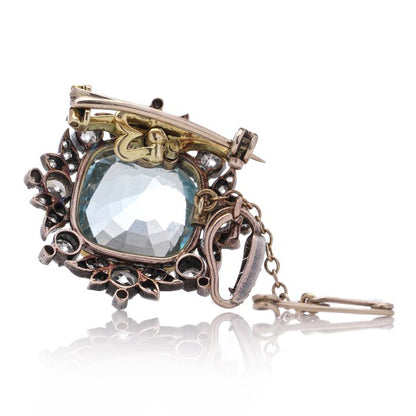 Antique 7.17ct Cushion Cut Aquamarine and Diamond Cluster Pendant come Brooch, 2.56 carats old European cut diamonds