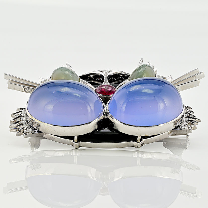 Vintage 1970s Italian Multi Gemstone Cat Brooch with Blue Moonstone Chrysoberyl Ruby and Diamond in 18ct White Gold