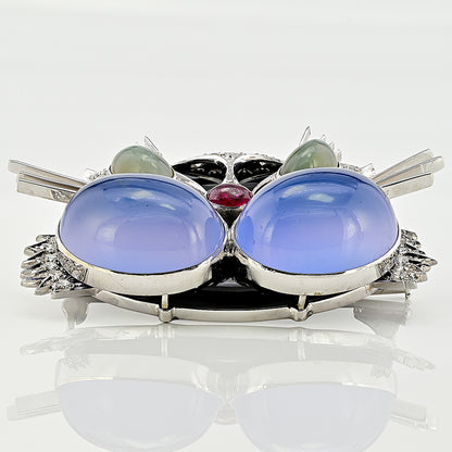 Vintage 1970s Italian Multi Gemstone Cat Brooch with Blue Moonstone Chrysoberyl Ruby and Diamond in 18ct White Gold