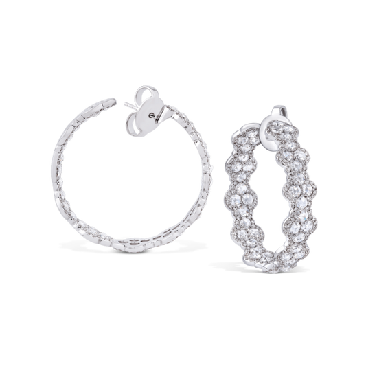 Rose Cut Diamond Hoop Earrings, featuring 5.00 carats of round rose cut diamonds and 420 full cut diamonds set in an eternal loop