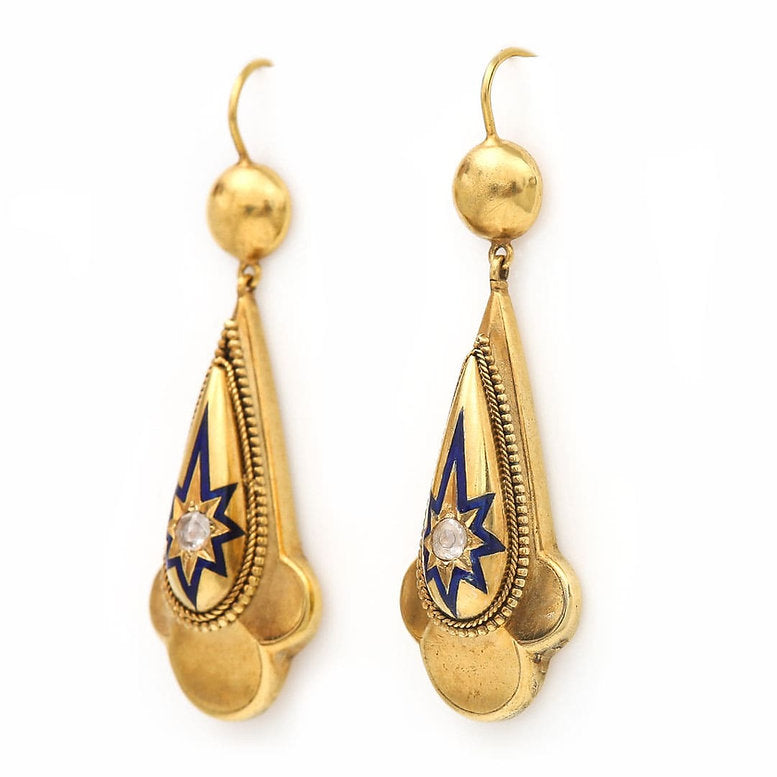 Victorian Antique Yellow Gold Diamond Blue Enamel Drop Earrings