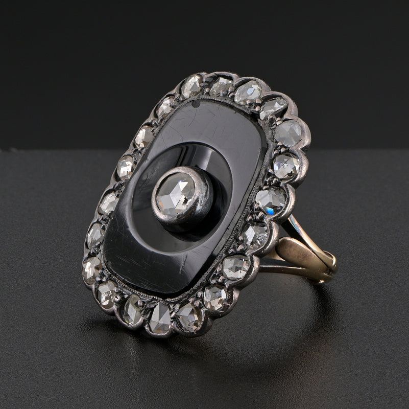 Victorian Antique Rose Cut Diamond and Black Onyx Panel Plaque Ring, 2.10 carat total