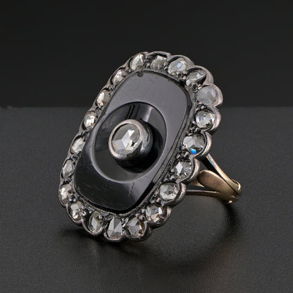 Victorian Antique Rose Cut Diamond and Black Onyx Panel Plaque Ring, 2.10 carat total