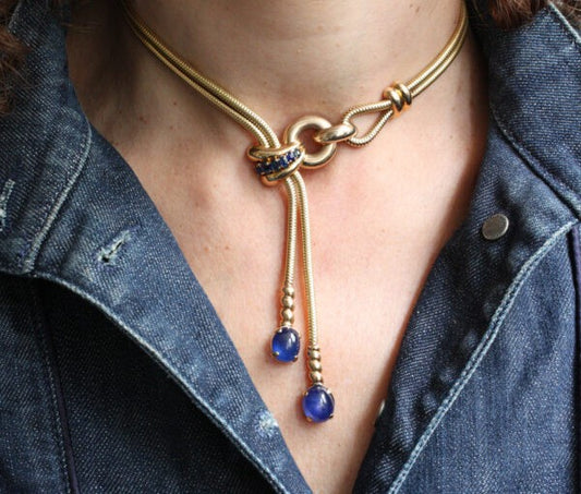 Retro 24cts Sapphire and 18ct Gold Necklace, Earrings, Bracelet Suite, Circa 1940.