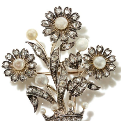 Antique Early Victorian Pearl and Rose Cut Diamond Flower Spray Brooch, 2 carats