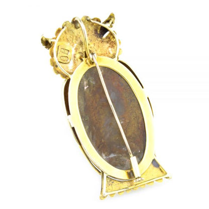 Vintage Wang Hing Moss Agate and Yellow Gold Owl Brooch, Made in China, Circa 1940s