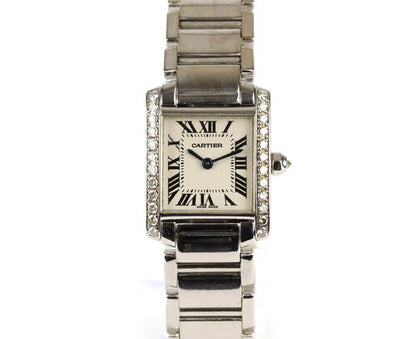 Cartier Tank Francaise 18ct Gold and Diamond 20mm Ladies Quartz Watch, Ref 2403, white dial, Roman numerals, blue steel hands, factory set diamond set crown and bezel, Cartier 18ct white gold bracelet with a hidden double deployment clasp.