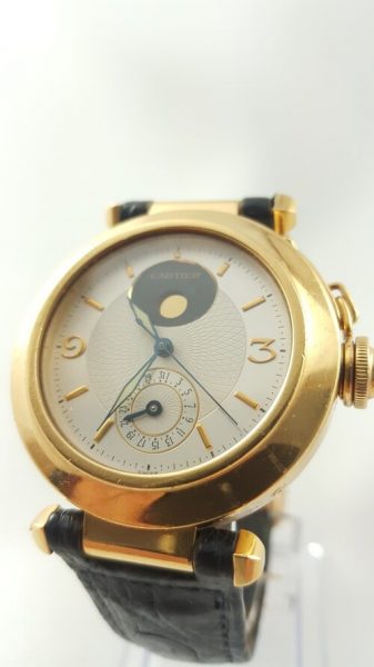 Cartier Pasha 18ct Night and Day 38mm Automatic Watch, silver patterned dial, white surround, luminous sword-shaped hands, night and day display, date sub-dials, skeleton display back, black leather strap with a 18ct Cartier Deloyant Clasp