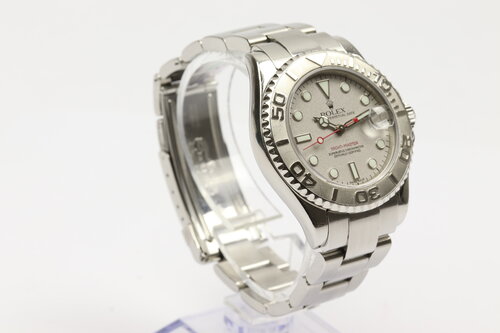 Rolex Yacht Master Midsize 35mm Stainless Steel with Platinum Insert, Ref 168622, silver dial, white hour markers, date indicator, bi-directional rotating bezel with platinum insert, automatic movement, stainless steel Oyster bracelet, from 2003-05, Serial begins F94xxxx.