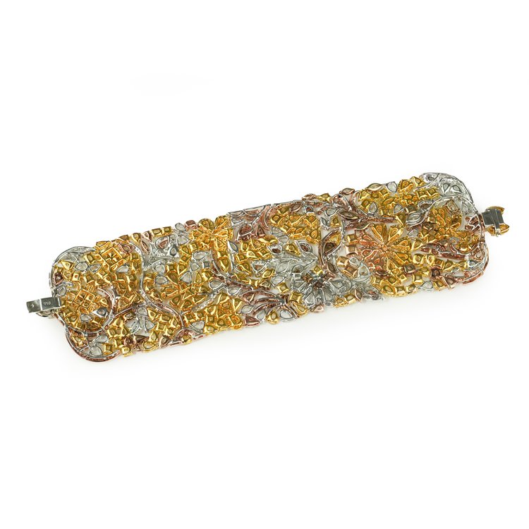 Fine Fancy Yellow Diamond Cuff Bracelet in Tri Colour Gold, 57.80 carats