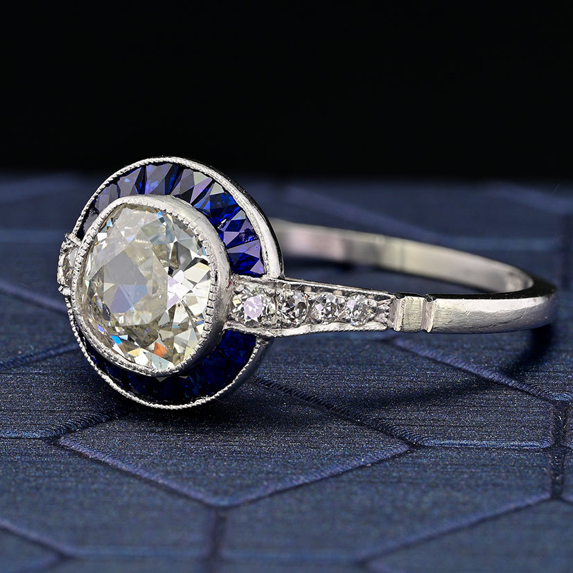 1.10ct Old Mine Cut Diamond and Sapphire Target Engagement Ring in Platinum