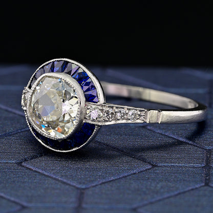 1.10ct Old Mine Cut Diamond and Sapphire Target Engagement Ring in Platinum