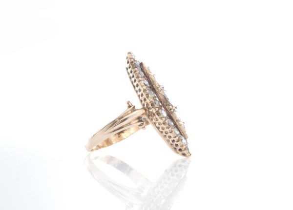 Antique Georgian 2.46ct Rose Cut Diamond Navette Ring; marquise shaped cluster ring set with foil-backed rose-cut diamonds, tests as 15ct gold, Circa 1790