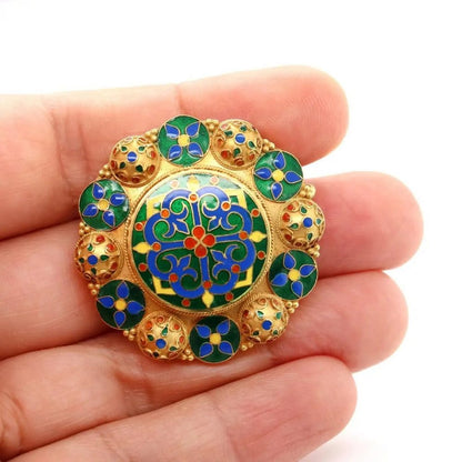 Vintage Lalaounis Enamel and Gold Cross Mandala Brooch