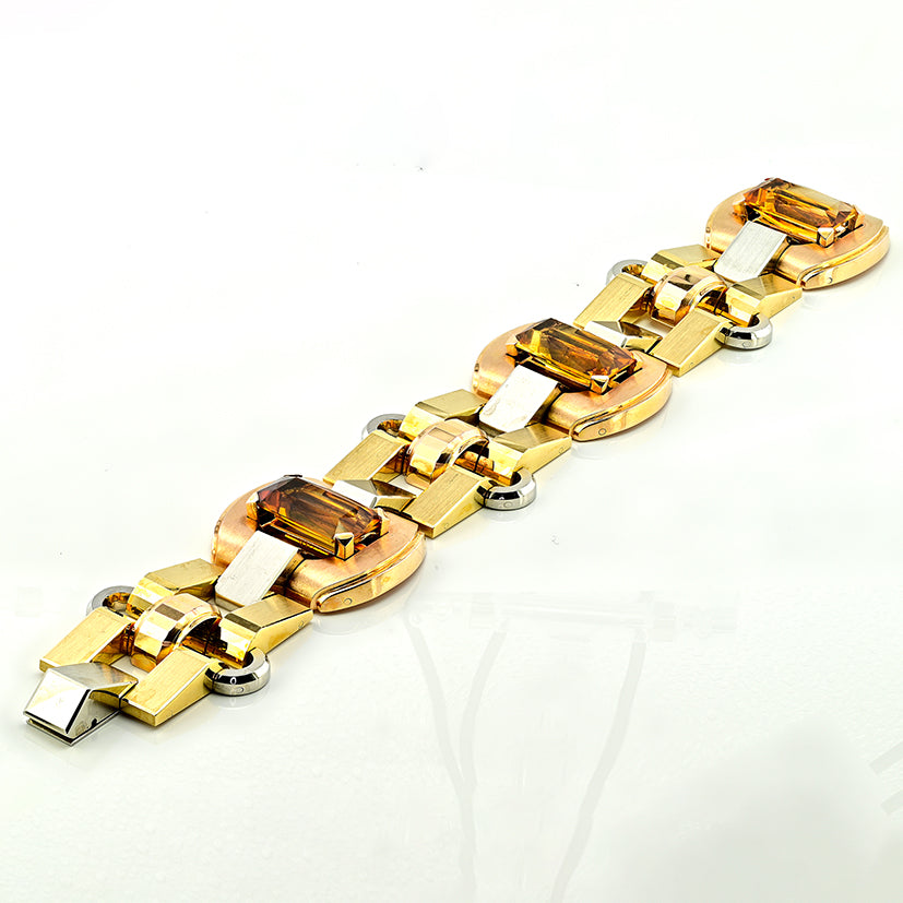 Late Art Deco Italian 23.70ct Citrine and Tri Gold Tank Bracelet by Illario, Circa 1930