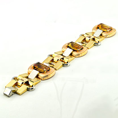 Late Art Deco Italian 23.70ct Citrine and Tri Gold Tank Bracelet by Illario, Circa 1930