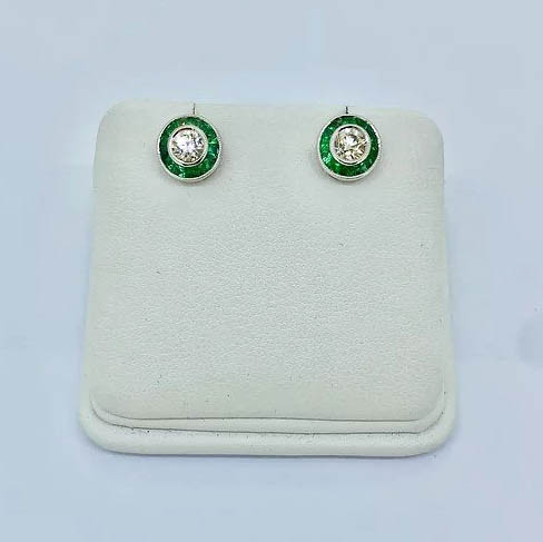 0.52ct Diamond and Calibre Emerald Cluster Target Earrings in 18ct White Gold